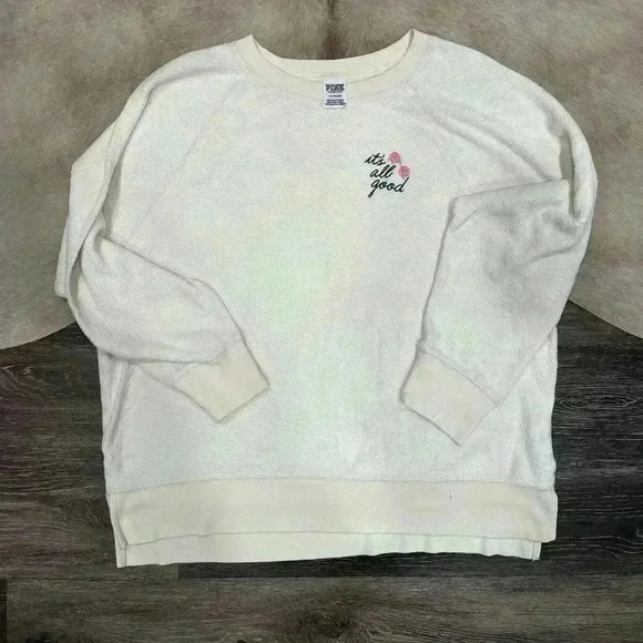 PINK Victoria’s Secret Pink Script Logo LARGE Sherpa Crew Sweatshirt Pullover VS - Picture 4 of 6